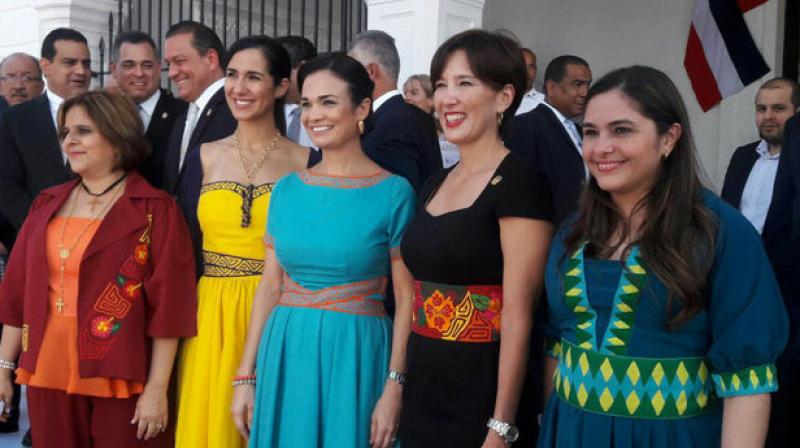 Panamas Chancellor and Vice President, Isabel de Saint Malo, the deputy minister of Finance, Eyda Varela Chinchilla; Deputy Minister of Social Development, Michelle Muschett; the director of the Ampyme, Maria Celia Dopeso; and Environment Minister Mirei Endara attend the Day of Panama 2016 celebrationsin costumes created by the group of women prisoners. (Photo: Twitter)