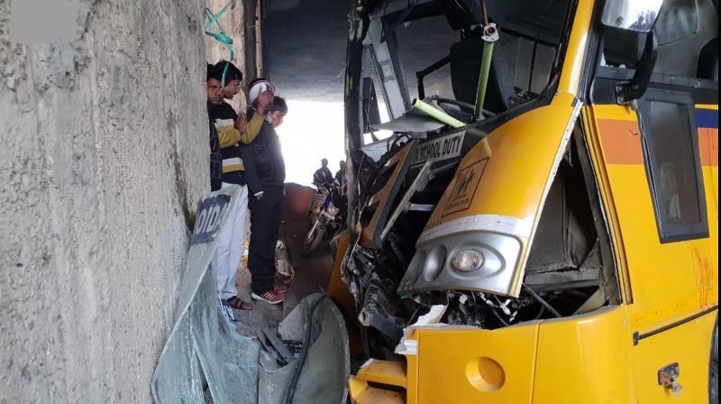 The front part of the bus was severely damaged in the accident. (Photo: Twitter | ANI)