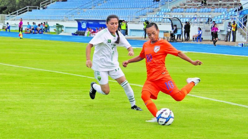 Action from the match between India and Pakistan U-19 women during the first round of the AFC Championship Qualifiers on Wednesday in Thailand. India won 18-0.
