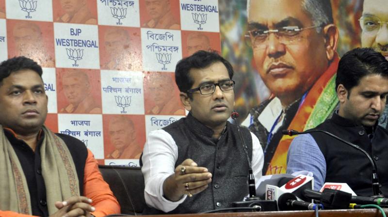 State BYJM president Debijit Sarkar and other youth leaders address the media at the party office on Monday. (Photo: Asian age)