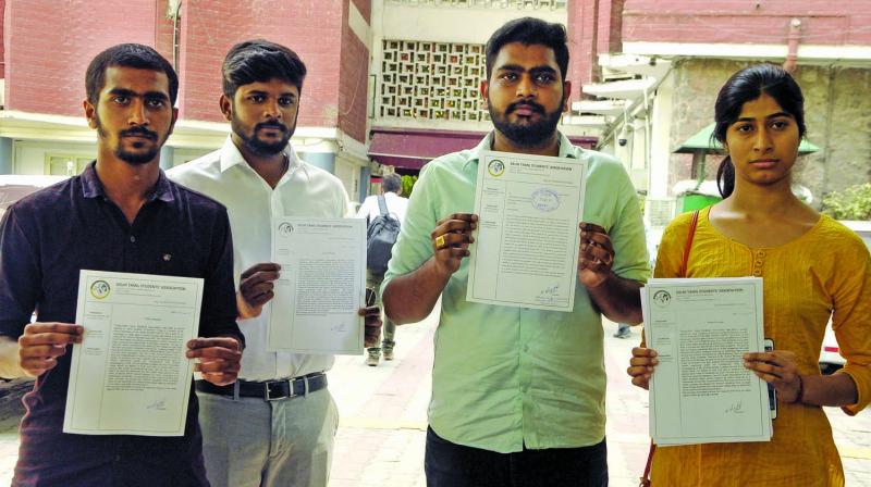 Students from Tamil Nadu come out of Election Commission office after submitting a complaint against CM Arvind Kejriwal in New Delhi on Friday. (Photo: PRITAM BANDYOPADHYAY)