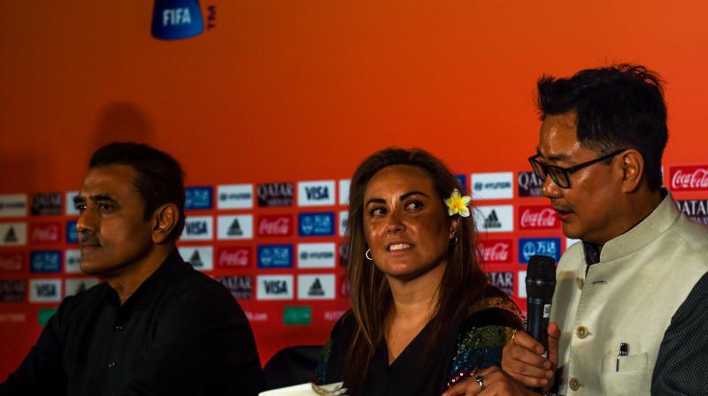 Chief Womens Football Officer for FIFA, Sarai Bareman (C) looks on as sports minister Kiren Rijiju (R) speaks in the presence of AIFF president Praful Patel during the unveiling of the FIFA U-17 Womens World Cup India 2020 Official Emblem in Mumbai on November 2, 2019. AFP Photo Chief Womens Football Officer for FIFA, Sarai Bareman (C) looks on as sports minister Kiren Rijiju (R) speaks in the presence of AIFF president Praful Patel during the unveiling of the FIFA U-17 Womens World Cup India 2020 Official Emblem in Mumbai on November 2, 2019. AFP Photo