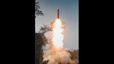 Defence Research and Development Organisation (DRDO) conducts first flight test of indigenously developed Agni-5 missile with Multiple Independently Targetable Re-Entry Vehicle (MIRV) technology. (PTI Photo)