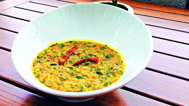 Cheera Parippu (Yellow lentil cooked with shredded spinach and spices)