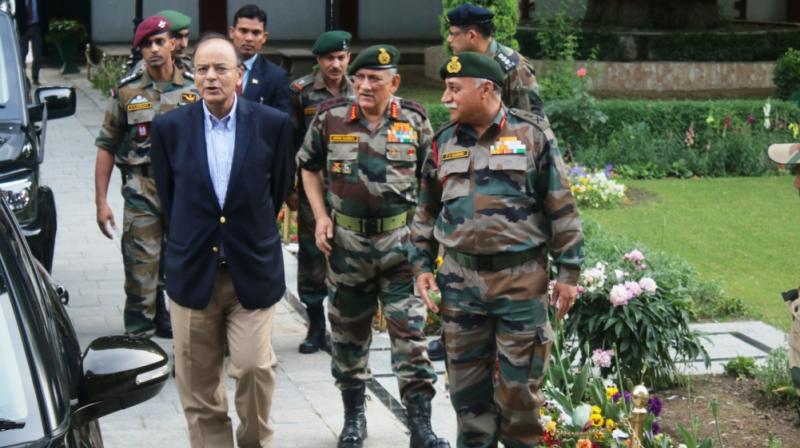 Defence Minister Arun Jaitley, is received by Army Chief General Bipin Rawat and other senior officers at the headquarters of 15 Army Corps also known as Chinar Corps at Srinagars Badami Bagh Cantonment.