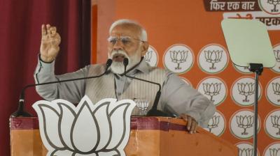  Prime Minister Narendra Modi speaks during a public meeting, ahead of Lok Sabha elections, in Saharanpur, Saturday, April 6, 2024. (PTI Photo)
