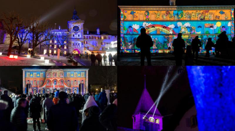 Morat Street is illuminated during the Switzerland Light Festival
