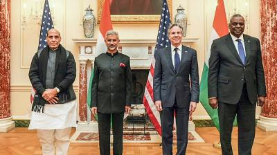 (L-R) Defense Minister Rajnath Singh, External Affairs Minister S Jaishankar, U.S. Secretary of State Antony Blinken and U.S. Defense Secretary Lloyd Austin during the fourth U.S.-India 2+2 Ministerial Dialogue at the State Department, in Washington, DC. (PTI Photo)