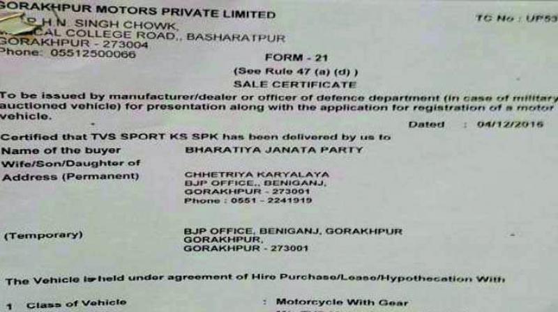 Sale certificate dated December 4, 2016 shows BJP as the buyer of a motorcycle in Gorakhpur.