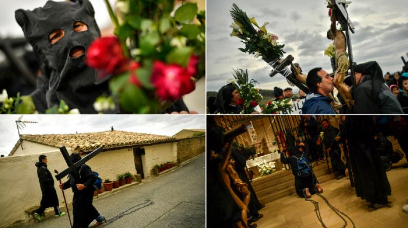Spanish devotees walk the holy Ujue pilgrimage in Tafalla