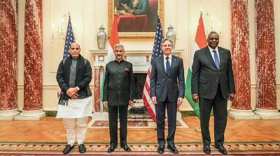 Defense Minister Rajnath Singh, External Affairs Minister S Jaishankar, U.S. Secretary of State Antony Blinken and U.S. Defense Secretary Lloyd Austin during the fourth U.S.-India 2+2 Ministerial Dialogue at the State Department, in Washington, DC. (PTI Photo)