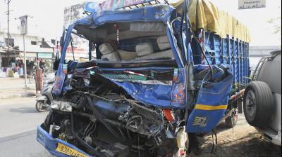  Mangled remains of a mini-truck after it rammed into another truck, on the outskirts of Vadodara, Wednesday, Nov. 18, 2020. At least 10 people were killed and 16 others injured in the mishap. (PTI Photo)