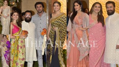On the occasion of Ganesh Chaturthi 2019, Bollywood celebrities like Aamir Khan, Madhuri Dixit-Nene, Kajol, Ranbir Kapoor, Alia Bhatt, Jackie Shroff, Anil Kapoor, Suniel Shetty, Katrina Kaif, Kriti Sanon and others visited Business tycoon, Mukesh Ambani and Nita Ambani's house, Antilia in Mumbai to seek lord Ganesha's blessings. (Photos: Viral Bhayani)