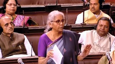 Union Finance Minister Nirmala Sitharaman speaks in the Rajya Sabha during Budget Session of Parliament, in New Delhi, Friday, Feb. 10, 2023. (PTI Photo)