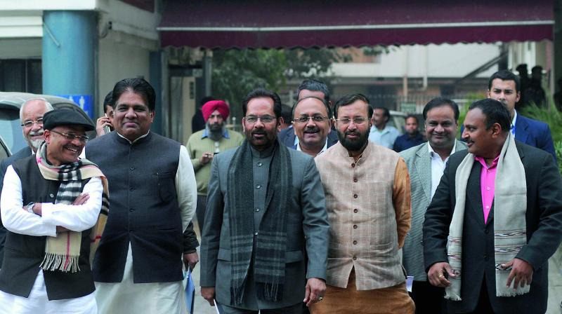 A BJP delegation led by MOS for minority affairs Mukhtar Abbas Naqvi after meeting the Election Commissioner in New Delhi. (Photo: Biplab Banerjee)