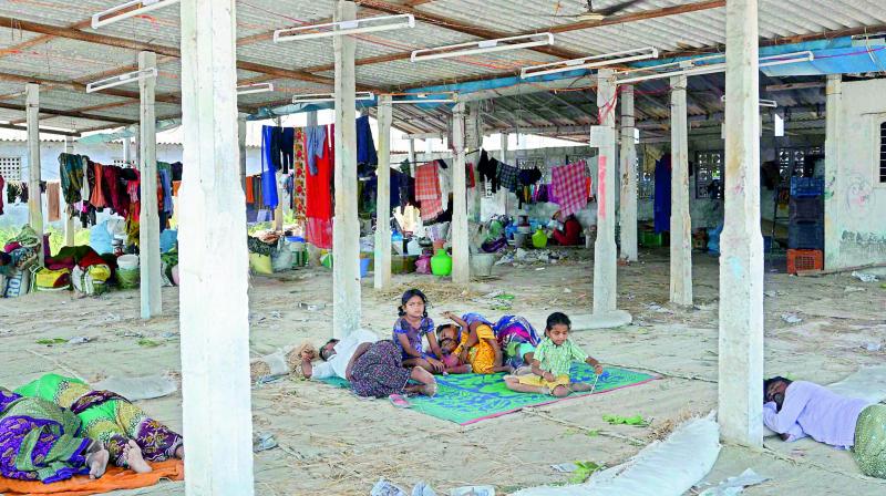 With the arrival of mangoes remaining poor, workers and their families take rest in the shops at Nunna market yard in Vijayawada on Wednesday. (DC) With the arrival of mangoes remaining poor, workers and their families take rest in the shops at Nunna market yard in Vijayawada on Wednesday. (DC)