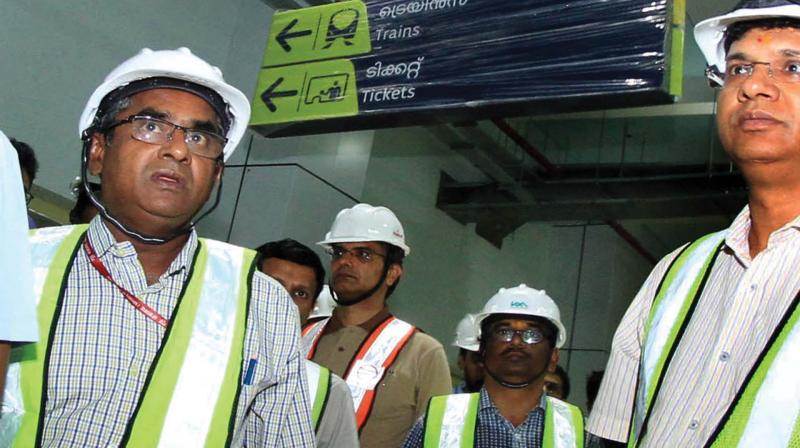 Commissioner of Metro Railway Safety K.A Manoharan (L) inspects Aluva Metro station on Wednesday. The three-day final inspection is crucial for commencement of Metro train services. (Photo: DC) Commissioner of Metro Railway Safety K.A Manoharan (L) inspects Aluva Metro station on Wednesday. The three-day final inspection is crucial for commencement of Metro train services. (Photo: DC)