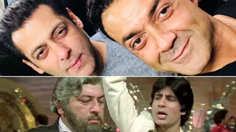 Salman Khan and Bobby Deol on the sets of 'Race 3'; Amitabh Bachchan and Amjad Khan in a still from their movie. Salman Khan and Bobby Deol on the sets of 'Race 3'; Amitabh Bachchan and Amjad Khan in a still from their movie.