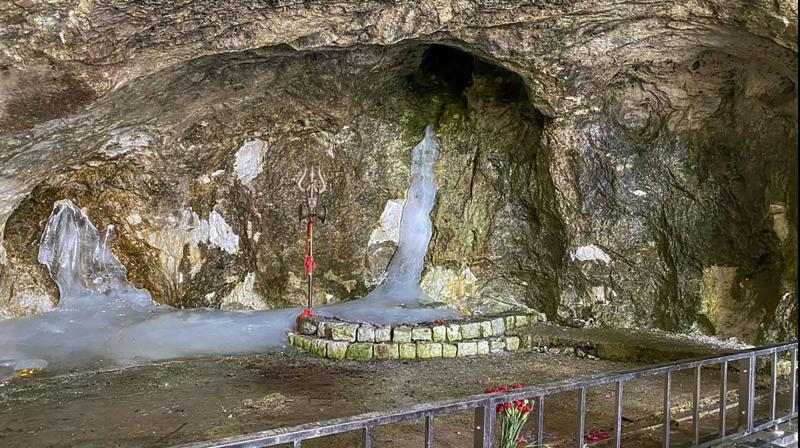 A view of the holy cave at Amarnath posted on Twitter by defence minister Rajnath Singh during his visit. (PTI)