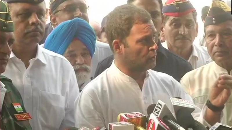 Congress President Rahul Gandhi after meeting ex-servicemen in Delhi on Saturday. (Photo: ANI/Twitter) Congress President Rahul Gandhi after meeting ex-servicemen in Delhi on Saturday. (Photo: ANI/Twitter)