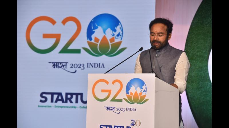 Union Minister G/ Kishan Reddy speaks at the G20 Startup inception meeting on Saturday in Hyderabad on Saturday. DC Union Minister G/ Kishan Reddy speaks at the G20 Startup inception meeting on Saturday in Hyderabad on Saturday. DC