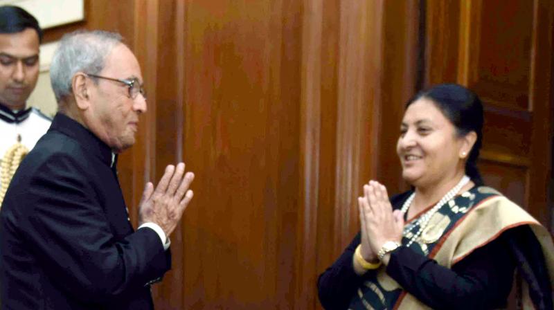 President Pranab Mukherjee with his Nepalese counterpart Bidya Devi Bhandari at Rashtrapati Bhavan in New Delhi. (Photo: PTI) President Pranab Mukherjee with his Nepalese counterpart Bidya Devi Bhandari at Rashtrapati Bhavan in New Delhi. (Photo: PTI)