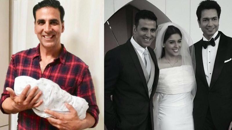(L) Akshay Kumar with the baby, (R) with the couple on their wedding. (L) Akshay Kumar with the baby, (R) with the couple on their wedding.