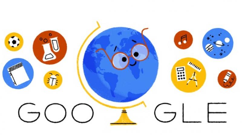 The globe is surrounded by icons representing various subjects. The globe is surrounded by icons representing various subjects.