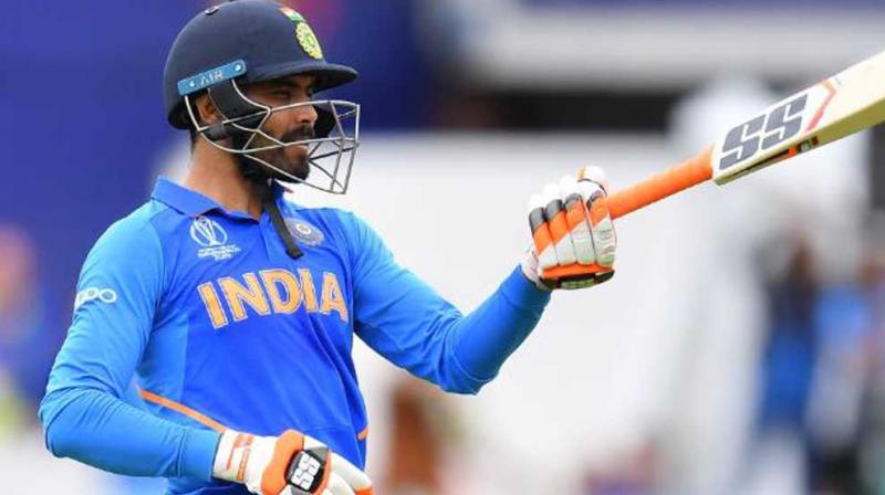 Ravindra Jadeja after completing his fifty against New Zealand. (Photo: Cricket World Cup/Twitter) Ravindra Jadeja after completing his fifty against New Zealand. (Photo: Cricket World Cup/Twitter)