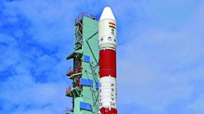 The PSLV rocket at the Sriharikota spaceport, a day ahead of its diamond jubilee launch on Wednesday. It will be the 50th PSLV to be launched. (Photo: DC)