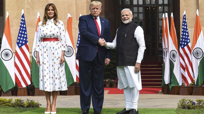 President Donald Trump, First Lady Melania Trump and Prime Minister Narendra Modi ahead of their meeting at Hyderabad House in New Delhi on Tuesday. (Photo | PTI)