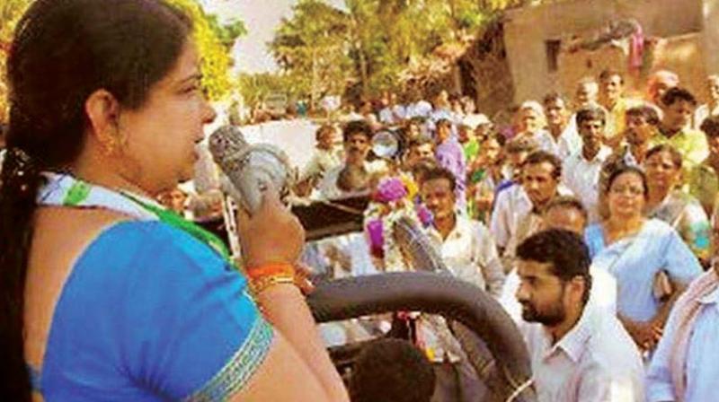 Ramanagara JD(S) candidate Anitha Kumaraswamy at an election meeting. Ramanagara JD(S) candidate Anitha Kumaraswamy at an election meeting.