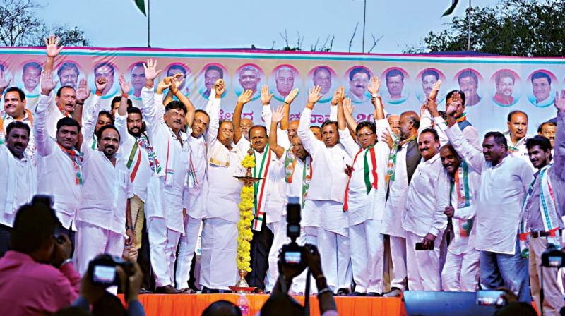 Congress and JD(S) leaders including CM HD Kumaraswamy and Siddaramaiah at a poll rally in Ballari. (Photo: DC/File) Congress and JD(S) leaders including CM HD Kumaraswamy and Siddaramaiah at a poll rally in Ballari. (Photo: DC/File)