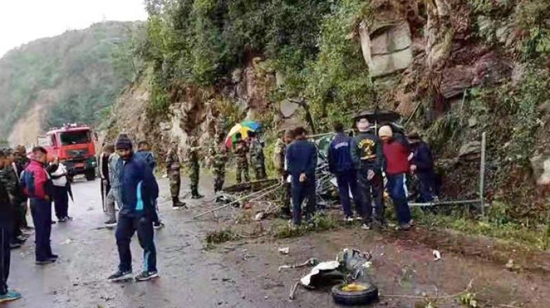 The single-engine Cheetah Helicopter of the Indian Army was on duty en-route from Khirmu(Arunanchal) to Yongfulla(Bhutan) on duty where it crashed. (Photo: ANI) The single-engine Cheetah Helicopter of the Indian Army was on duty en-route from Khirmu(Arunanchal) to Yongfulla(Bhutan) on duty where it crashed. (Photo: ANI)
