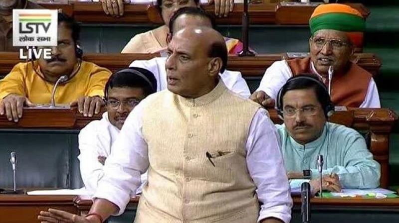 Union Defence Minister Rajnath Singh in the Lok Sabha session on Monday. (Photo: LSTV) Union Defence Minister Rajnath Singh in the Lok Sabha session on Monday. (Photo: LSTV)