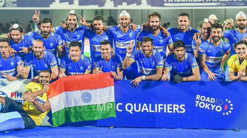 Indian men’s hockey team celebrate after winning against South Africa during FIH Men’s Series Finals at Kalinga Stadium in Bhubaneswar on Saturday. (Photo: PTI) Indian men’s hockey team celebrate after winning against South Africa during FIH Men’s Series Finals at Kalinga Stadium in Bhubaneswar on Saturday. (Photo: PTI)
