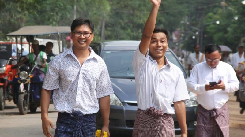 The two reporters, Wa Lone, 33, and Kyaw Soe Oo, 29, had been convicted in September and sentenced to seven years in jail. (Photo: AFP) The two reporters, Wa Lone, 33, and Kyaw Soe Oo, 29, had been convicted in September and sentenced to seven years in jail. (Photo: AFP)