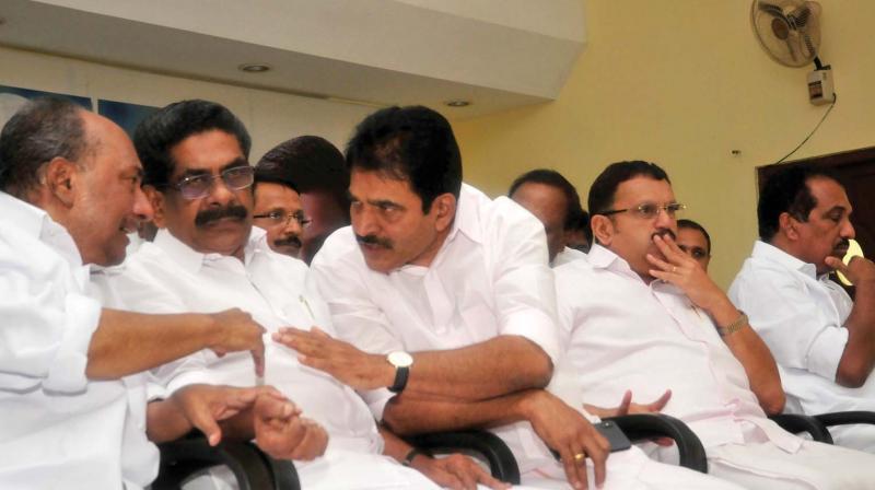 Congress Working Committee member A.K. Antony, KPCC President Mullappally Ramachandran, AICC General Secretary K.C. Venugopal MP, K Muraleedharan MLA, UDF Convener Benny Behnan at the KPCC General Body meeting in Indira Bhavan in Thiruvananthapuram last Friday. Congress Working Committee member A.K. Antony, KPCC President Mullappally Ramachandran, AICC General Secretary K.C. Venugopal MP, K Muraleedharan MLA, UDF Convener Benny Behnan at the KPCC General Body meeting in Indira Bhavan in Thiruvananthapuram last Friday.