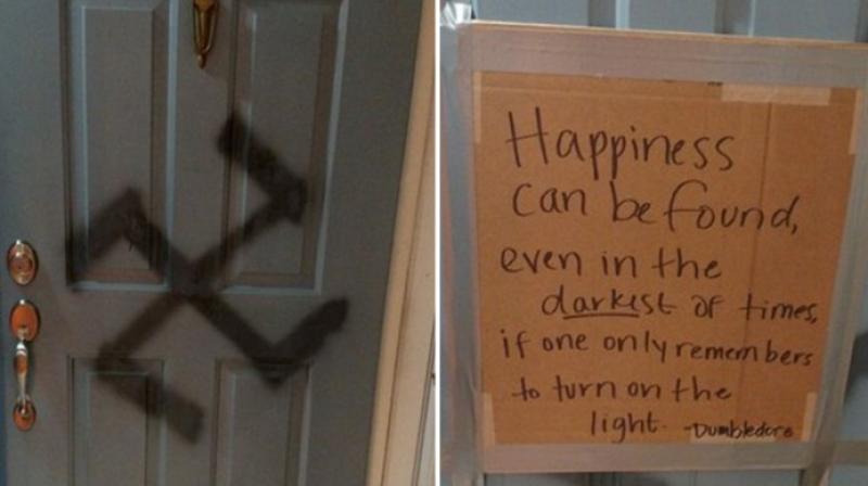 Erin covered the swastika on the door with a cardboard piece that had a quote from the third Harry Potter book to the vandal. (Photo: Facebook) Erin covered the swastika on the door with a cardboard piece that had a quote from the third Harry Potter book to the vandal. (Photo: Facebook)
