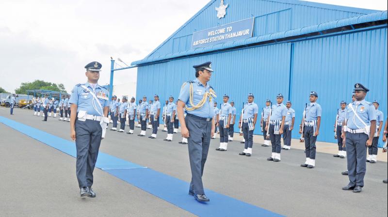 Air Marshal B Suresh, PVSM AVSM VM ADC Air Officer Commanding-in-Chief (AOC-in-C) Southern Air Command, Indian Air Force being presented with guard of honour at Airforce station at Thanjavur on Tuesday. Air Marshal B Suresh, PVSM AVSM VM ADC Air Officer Commanding-in-Chief (AOC-in-C) Southern Air Command, Indian Air Force being presented with guard of honour at Airforce station at Thanjavur on Tuesday.