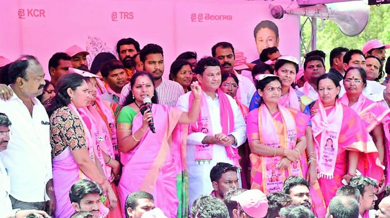TRS candidate for Nizamabad Lok Sabha constituency K. Kavitha addressing an election meeting in Nizamabad on Tuesday. (Photo: DC) TRS candidate for Nizamabad Lok Sabha constituency K. Kavitha addressing an election meeting in Nizamabad on Tuesday. (Photo: DC)