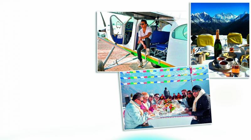 clockwise from top left: New York-based Nepalese couturier Prabal Gurung getting off the helicopter to have breakfast at Everest; the spread for the morning breakfast; Gurung and and the Bigspenders at the breakfast table. clockwise from top left: New York-based Nepalese couturier Prabal Gurung getting off the helicopter to have breakfast at Everest; the spread for the morning breakfast; Gurung and and the Bigspenders at the breakfast table.