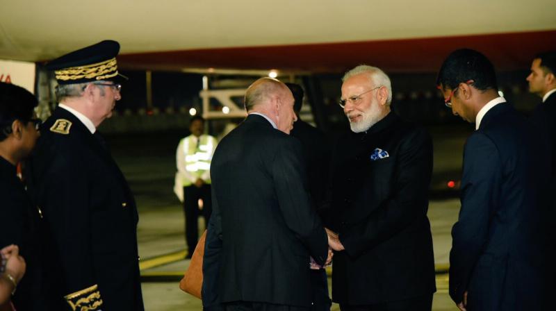 Prime Minister Narendra Modi being welcomed by French Interior minister Gerard Collomb in France on Saturday. (Photo: Twitter/@PMOIndia) Prime Minister Narendra Modi being welcomed by French Interior minister Gerard Collomb in France on Saturday. (Photo: Twitter/@PMOIndia)