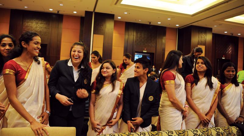 Indian team share a light moment during the inaugration of the FIBA Women’s Asia Cup 2017 on Saturday. (Photo: R. SAMUEL) Indian team share a light moment during the inaugration of the FIBA Women’s Asia Cup 2017 on Saturday. (Photo: R. SAMUEL)