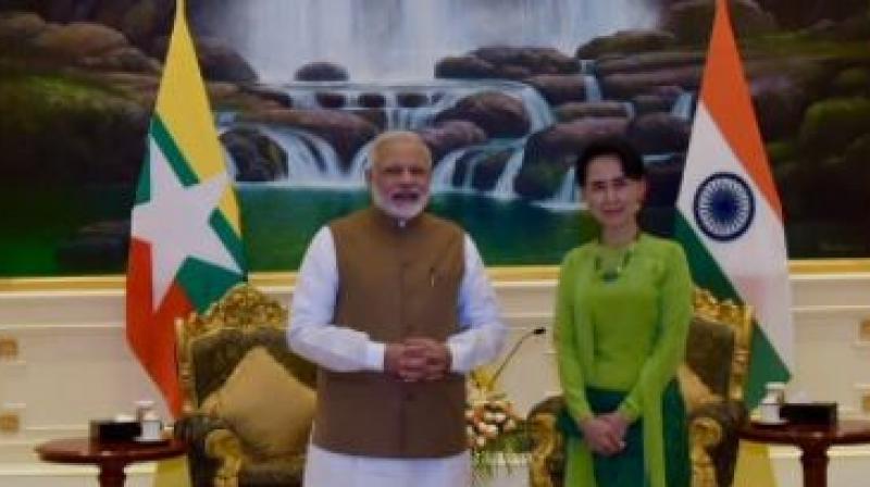 During his meeting with Myanmar's state Counsellor Aung San Suu Kyi, Prime Minister Narendra Modi is expected to raise the issue of the exodus of the ethnic Rohingyas into neighbouring countries. (Photo: Twiter| @MEAIndia) During his meeting with Myanmar's state Counsellor Aung San Suu Kyi, Prime Minister Narendra Modi is expected to raise the issue of the exodus of the ethnic Rohingyas into neighbouring countries. (Photo: Twiter| @MEAIndia)