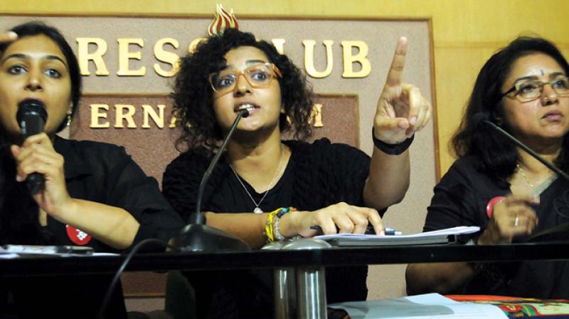 Actors from Women in Cinema Collective Padmapriya, Parvathy and Revathy during a press meet in Kochi on Saturday.(Photo: ARUN CHANDRABOSE) Actors from Women in Cinema Collective Padmapriya, Parvathy and Revathy during a press meet in Kochi on Saturday.(Photo: ARUN CHANDRABOSE)