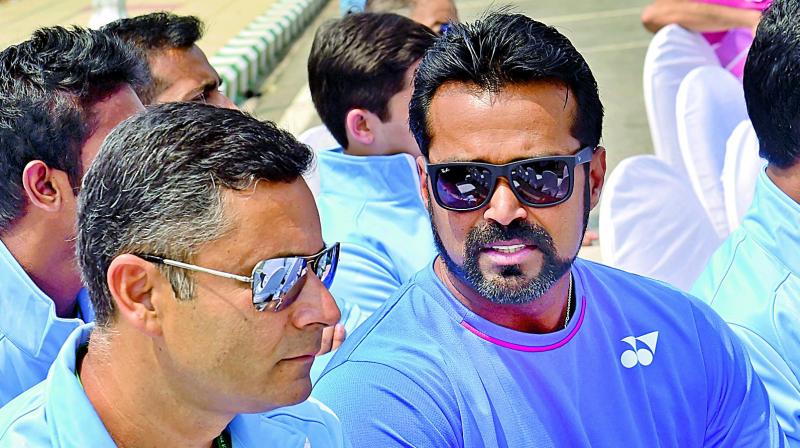 Indian coach Zeeshan Ali (left) and Leander Paes during the draw ceremony in Bengaluru on Thursday, eve of India’s Davis Cup tie against Uzbekistan.(Photo: Shahidhar B.) Indian coach Zeeshan Ali (left) and Leander Paes during the draw ceremony in Bengaluru on Thursday, eve of India’s Davis Cup tie against Uzbekistan.(Photo: Shahidhar B.)