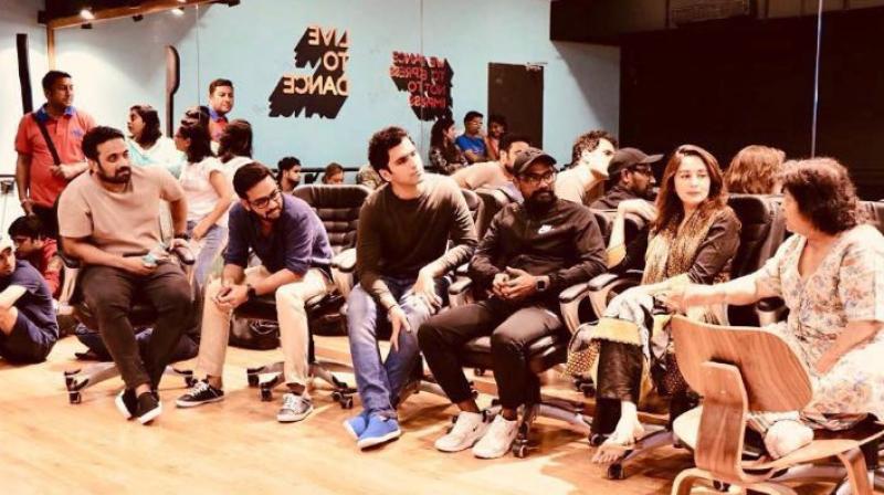 Remo D'Souza, Madhuri Dixit-Nene, Saroj Khan on the sets of 'Kalank'. Remo D'Souza, Madhuri Dixit-Nene, Saroj Khan on the sets of 'Kalank'.
