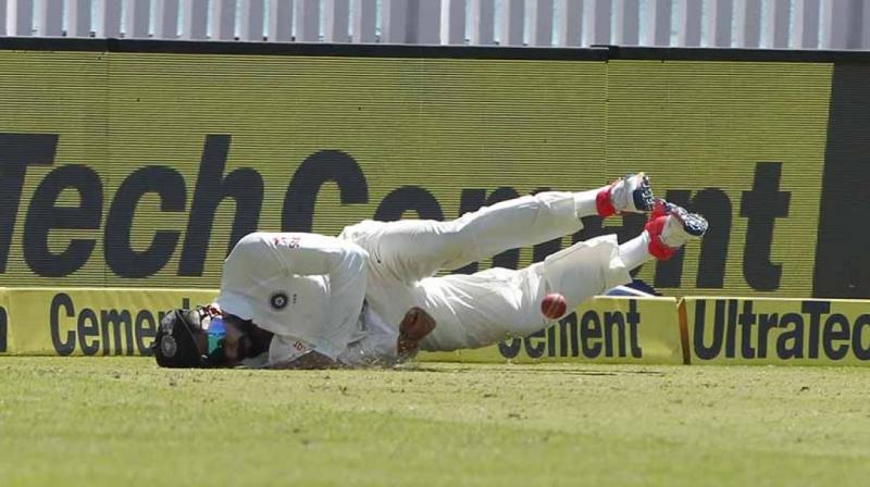 Virat Kohli, who is known to give his 100 per cent on the field no matter whether he is batting, fielding or bowling, hurt his shoulder as he dived to save a four. (Photo: BCCI) Virat Kohli, who is known to give his 100 per cent on the field no matter whether he is batting, fielding or bowling, hurt his shoulder as he dived to save a four. (Photo: BCCI)