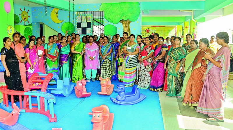 CDPO's led by Women and Child welfare PD Haritha seen visiting a Corporate pre-school in Nellore on Wednesday. (Photo: DECCAN CHRONICLE) CDPO's led by Women and Child welfare PD Haritha seen visiting a Corporate pre-school in Nellore on Wednesday. (Photo: DECCAN CHRONICLE)